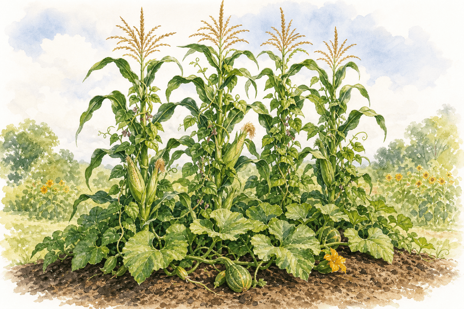 Corn, beans, and squash companion planting system