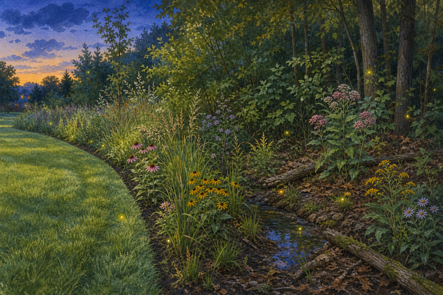 A painterly Central Virginia firefly habitat strip transitioning from mowed lawn into native grasses, flowers, leaf litter, logs, damp soil, and woodland edge