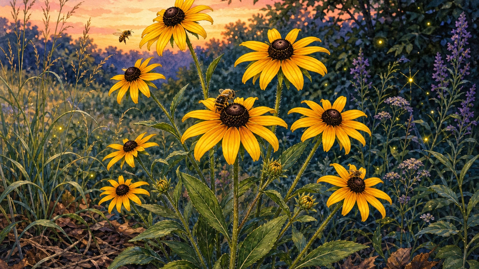Black-eyed Susan flowers in a Central Virginia sunny native plant border for pollinators and lightning bug habitat