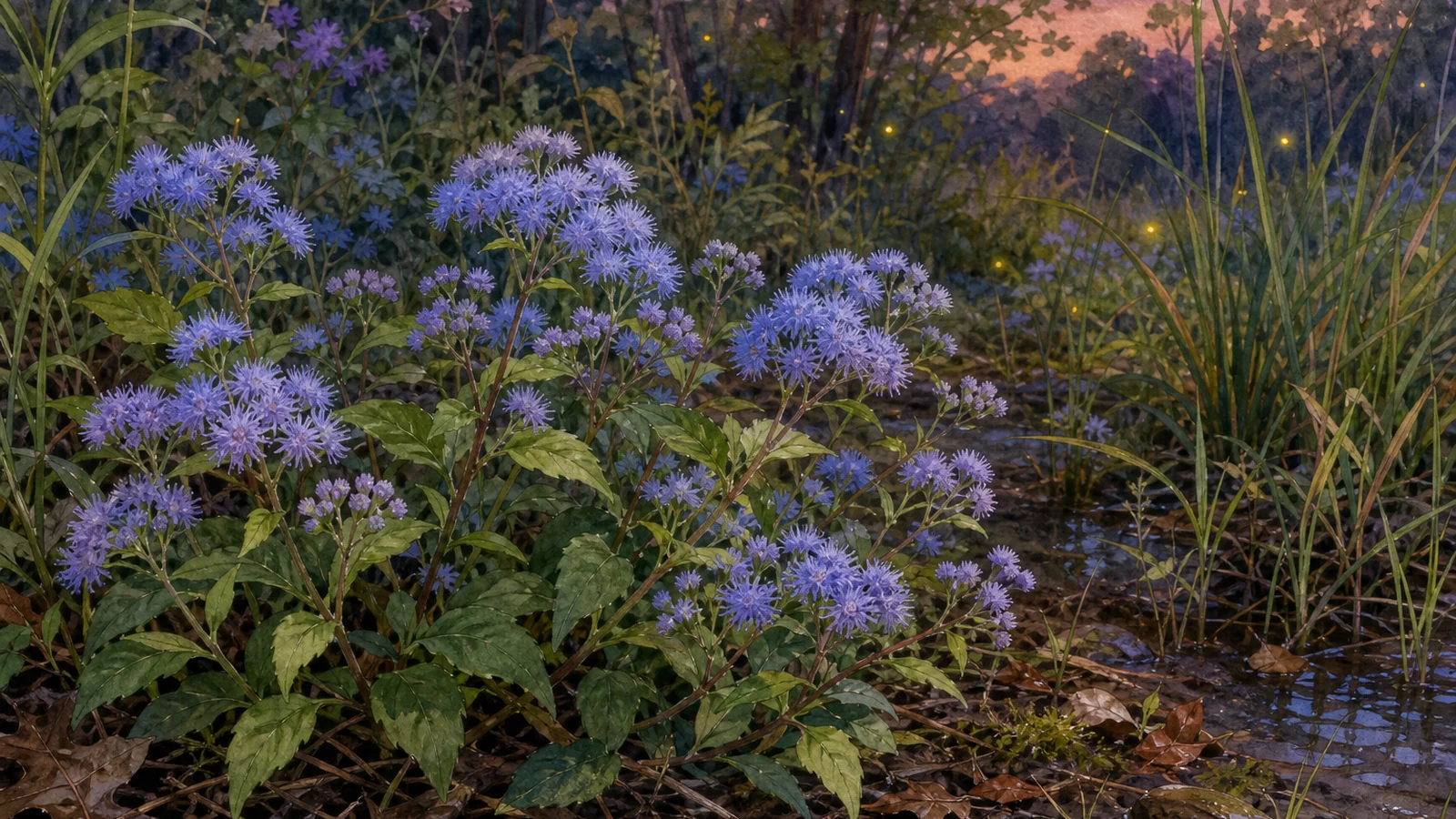 Blue mistflower blooming in a moist Central Virginia native border for pollinators and lightning bug habitat