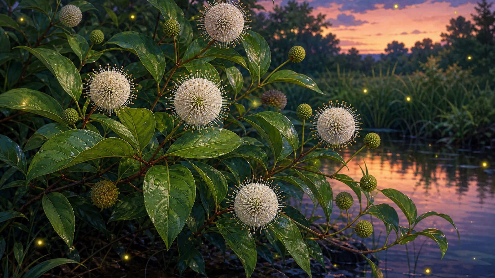 Buttonbush flowers in a wet Central Virginia rain garden for pollinators and lightning bug habitat