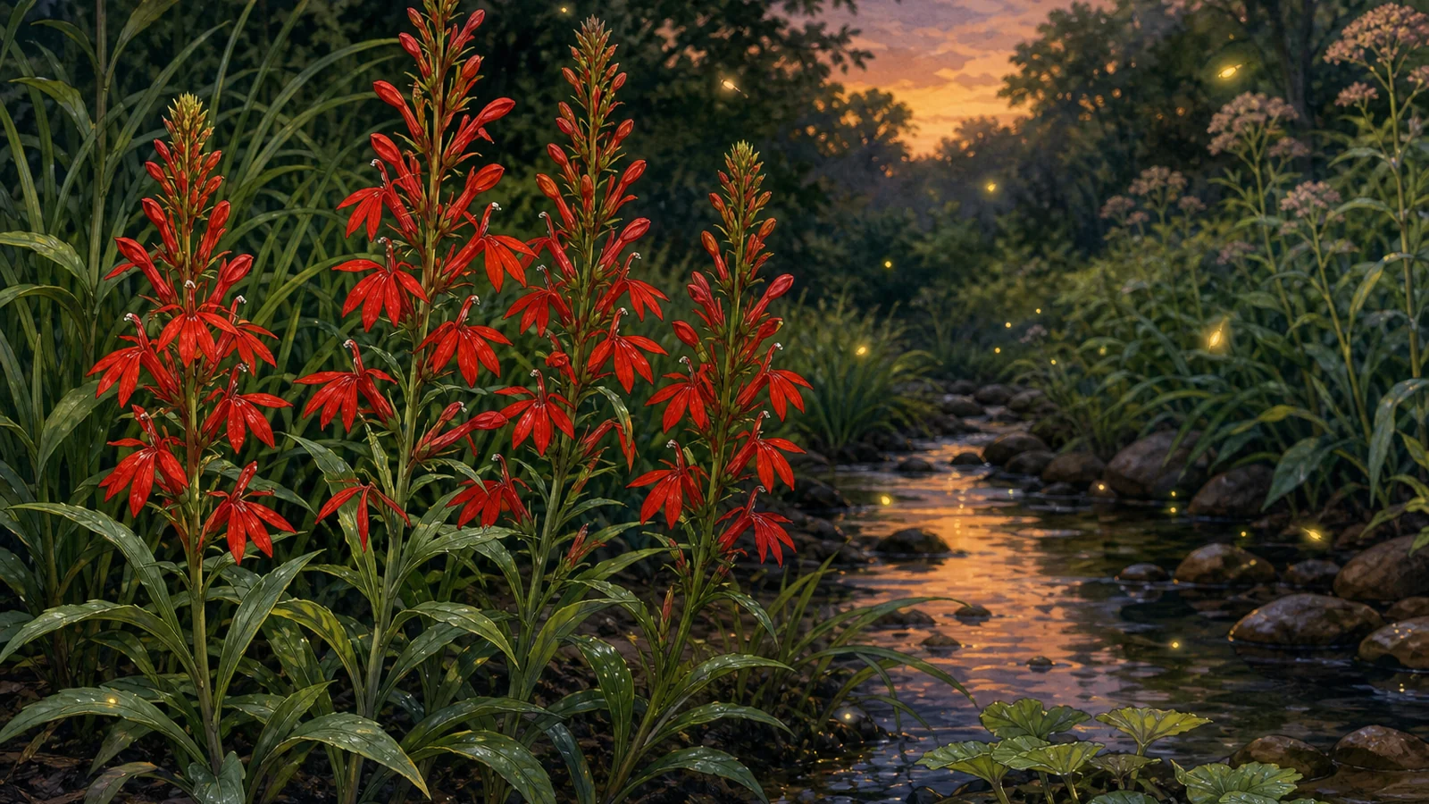 Cardinal flower blooming in a moist Central Virginia rain garden edge for hummingbirds and firefly habitat