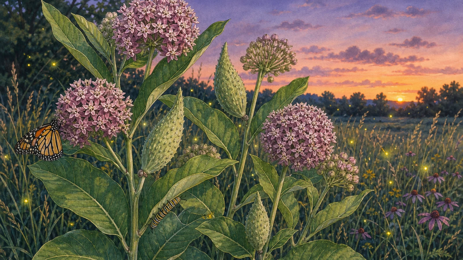 Common milkweed flowers and pods in a Central Virginia native meadow planting for monarchs and lightning bug habitat