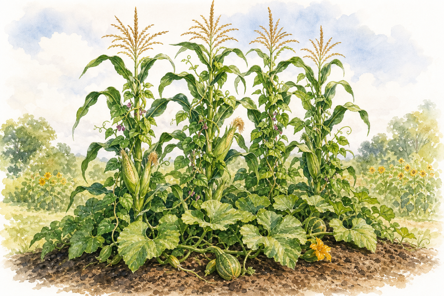 Watercolor field illustration of corn growing with pole beans and winter squash in a Three Sisters garden