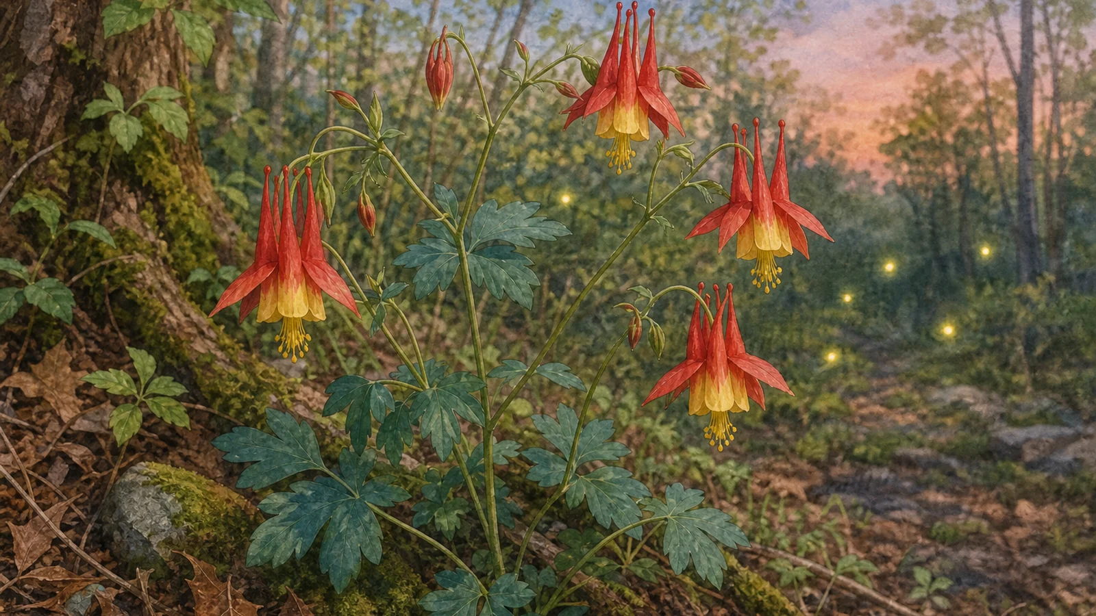 Eastern columbine blooming in a Central Virginia woodland edge garden for hummingbirds and firefly habitat