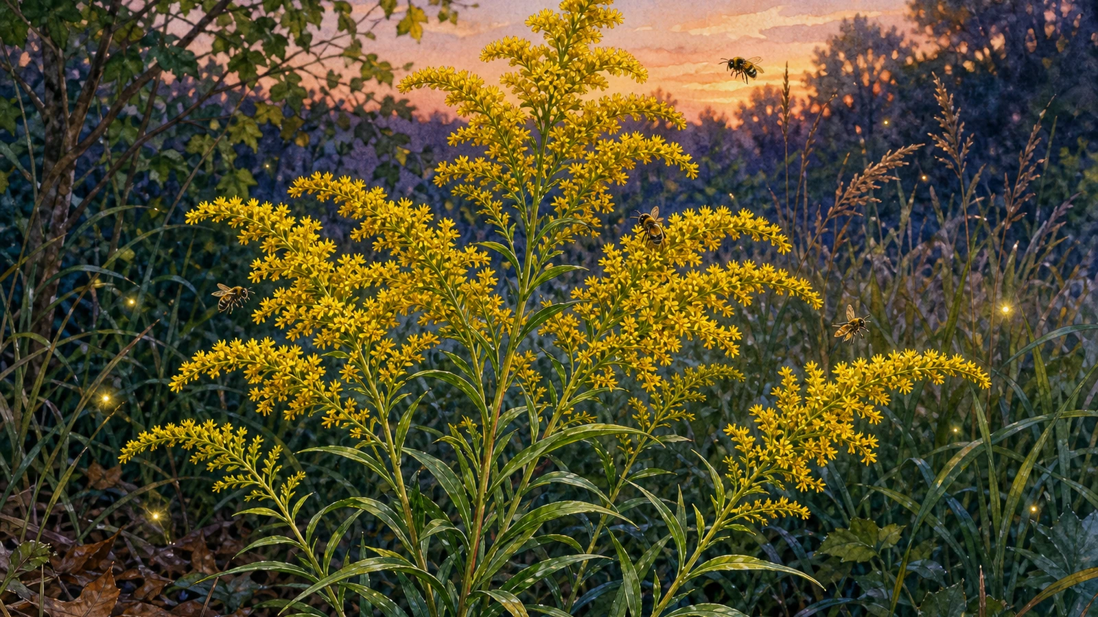 Wrinkleleaf goldenrod blooming in a Central Virginia sunny meadow edge for fall pollinators and lightning bug habitat