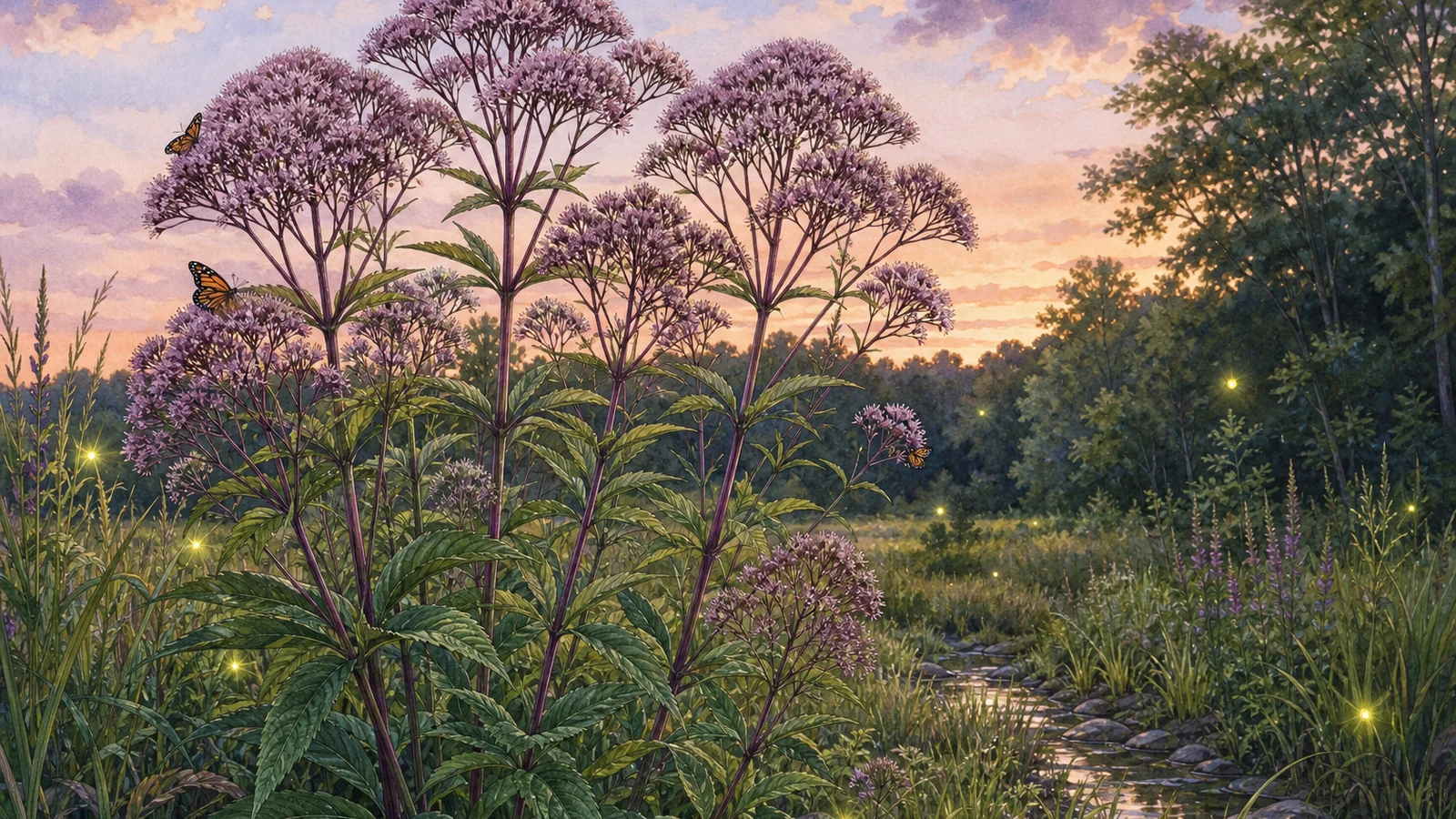 Joe-Pye weed blooming in a moist Central Virginia meadow edge for butterflies and lightning bug habitat