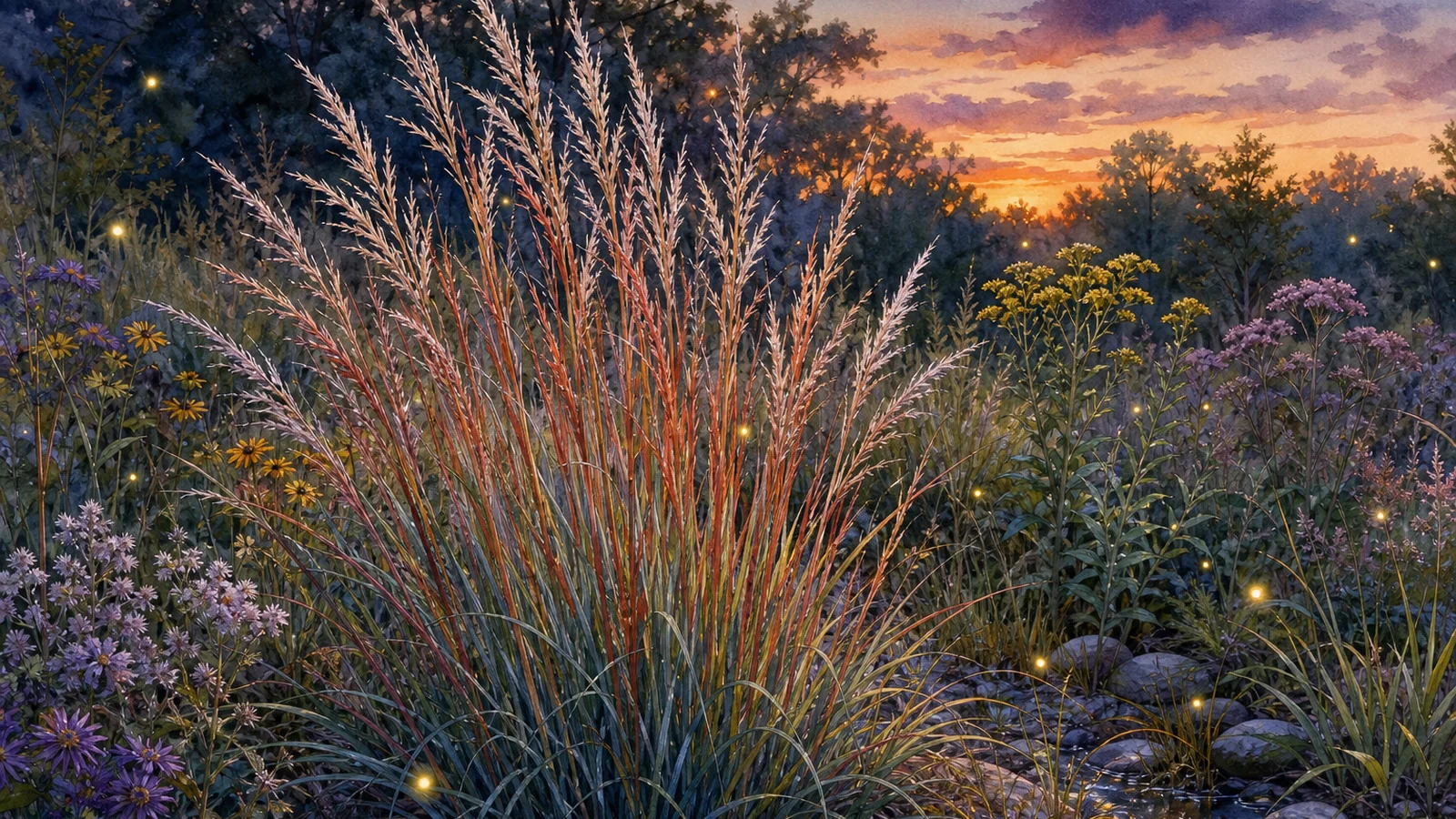 Little bluestem grass in a Central Virginia sunny meadow edge for structure and lightning bug habitat