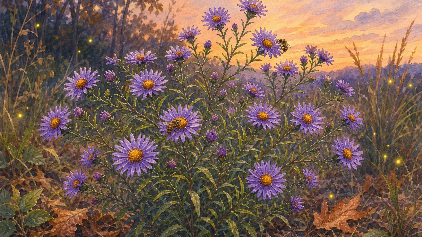 New England aster flowers in a Central Virginia native meadow planting for fall pollinators and firefly habitat