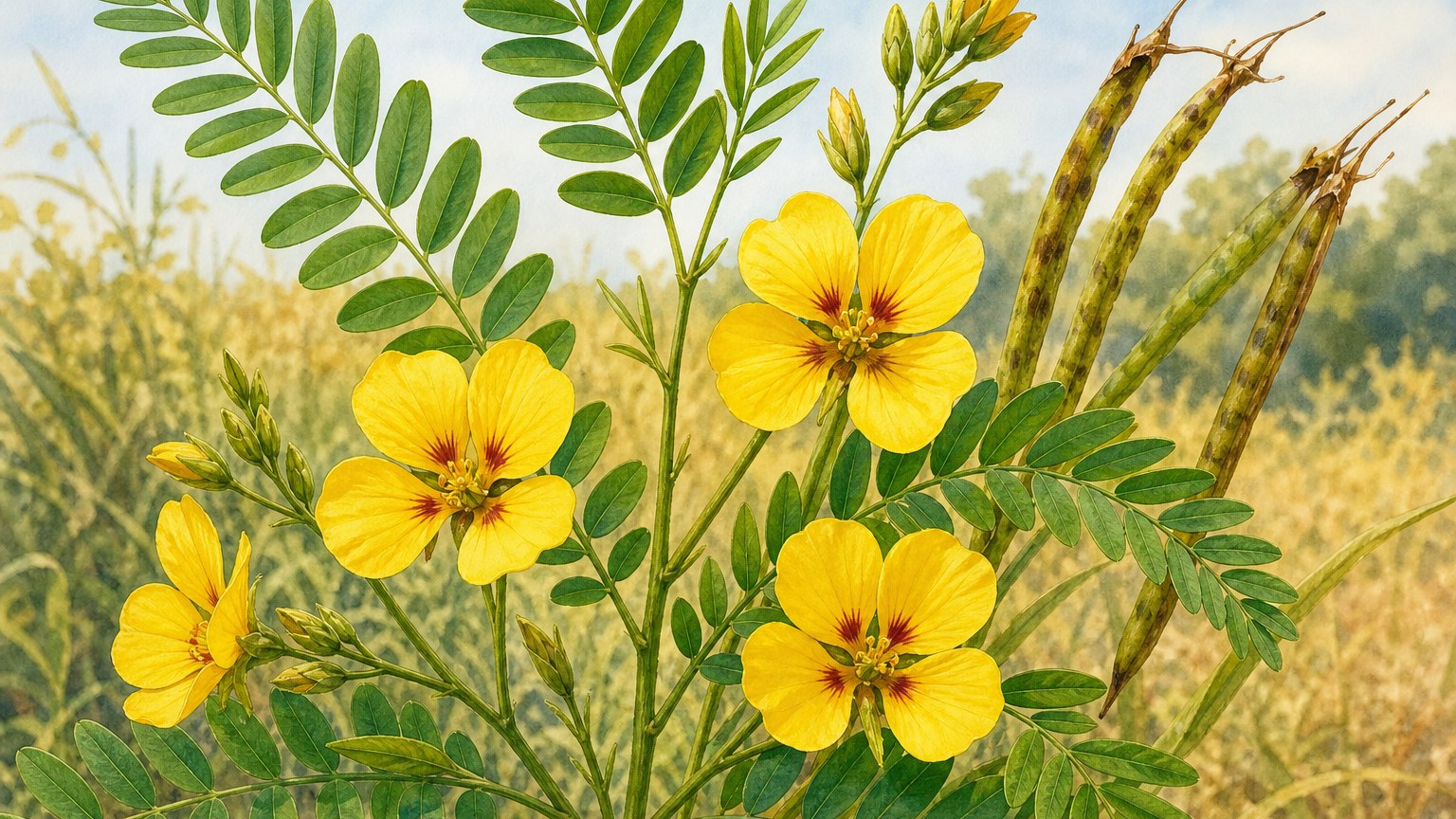 Yellow partridge pea flowers growing in a sunny Virginia woodland edge sacrificial deer barrier