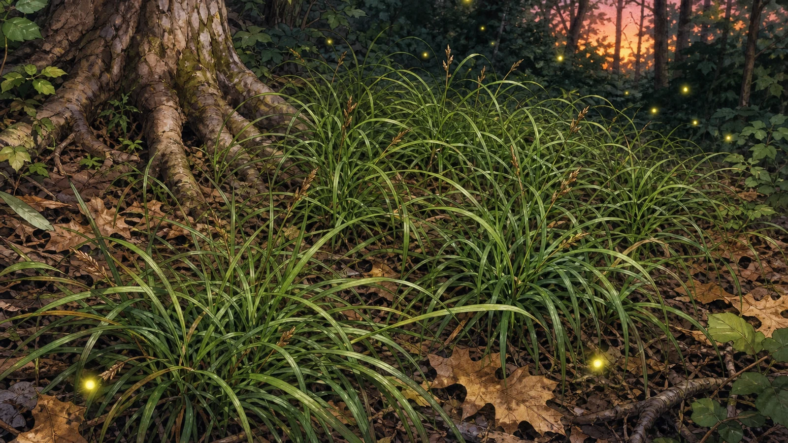 Pennsylvania sedge groundcover in a Central Virginia dry shade woodland edge for leaf-litter firefly habitat