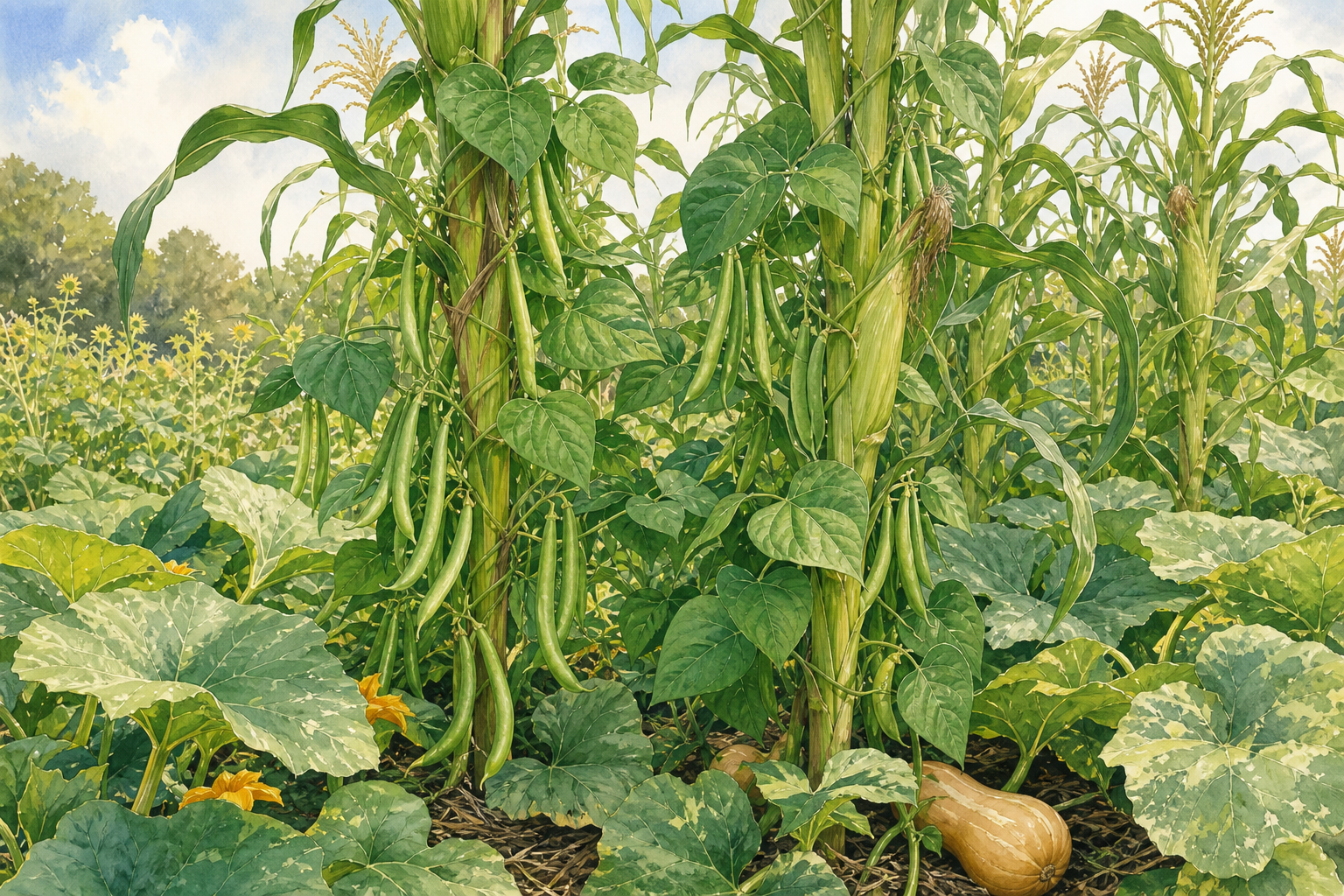 Watercolor field illustration of pole bean vines climbing corn stalks in a Three Sisters garden