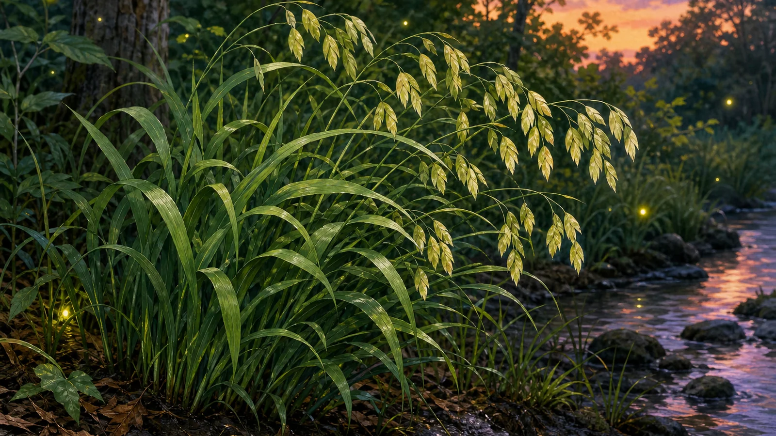 River oats seed heads in a moist Central Virginia woodland edge planting for shade texture and lightning bug habitat