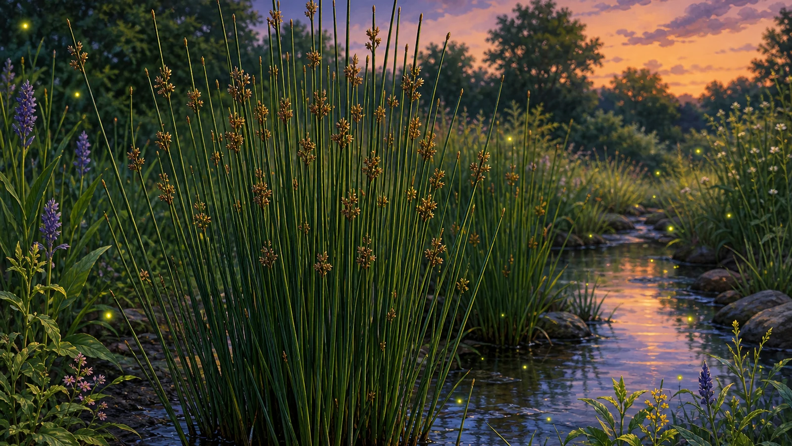 Soft rush growing in a wet Central Virginia swale or rain garden for ground-layer firefly habitat