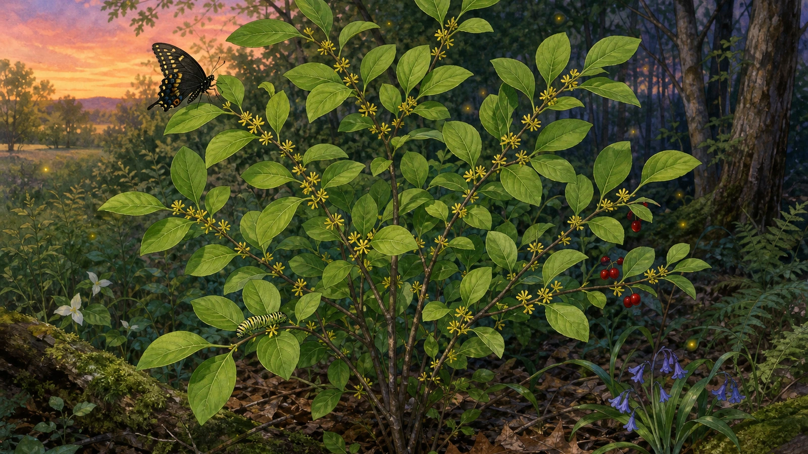 Spicebush shrub in a Central Virginia woodland edge planting with leaf litter for lightning bug habitat