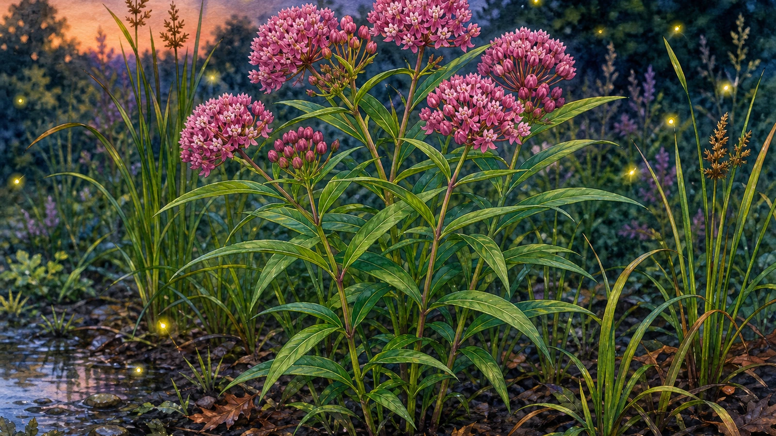 Swamp milkweed blooming in a moist Central Virginia rain garden for pollinators and firefly habitat