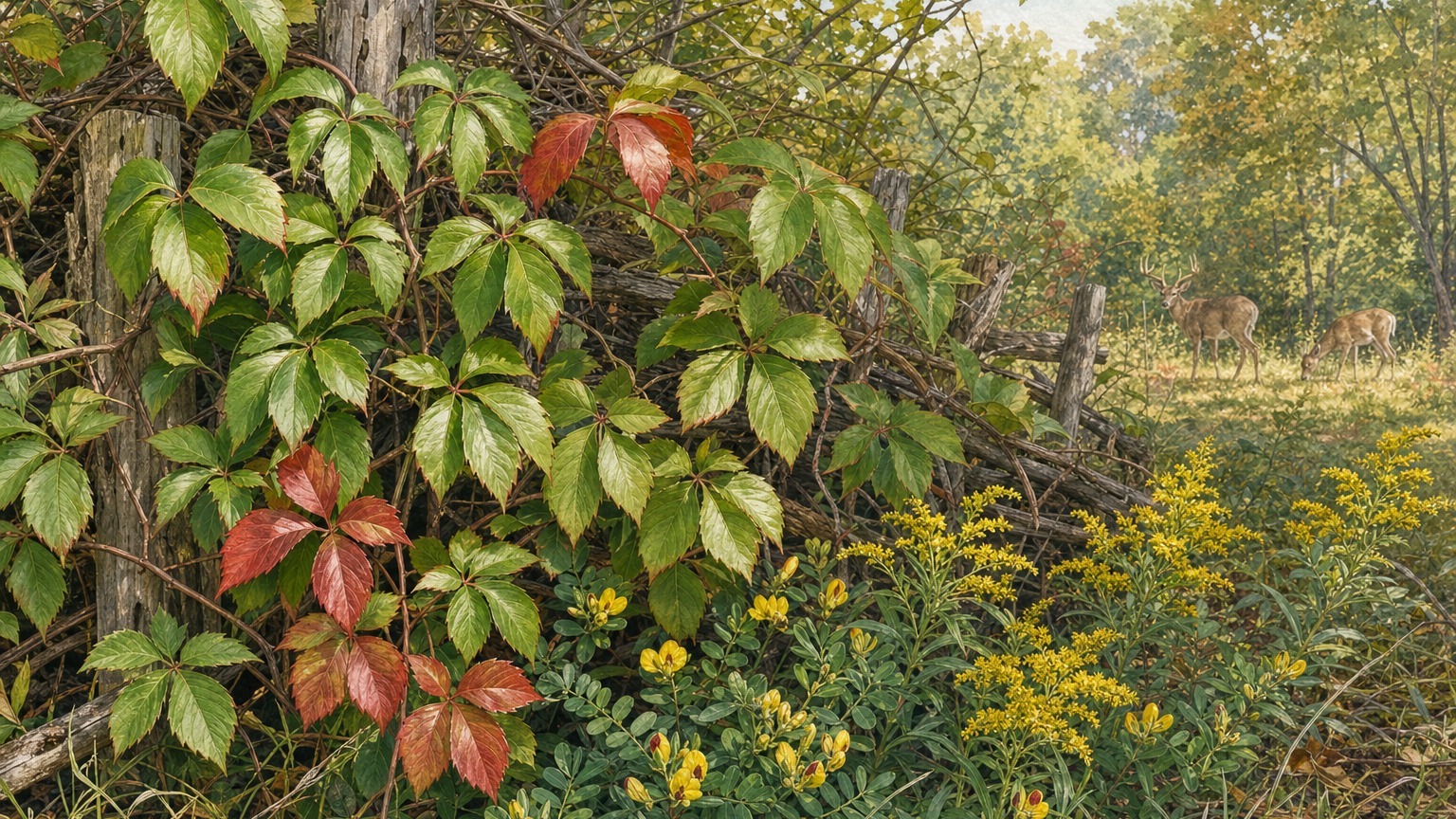 Virginia creeper vine climbing along a Virginia woodland-edge deer sacrificial barrier with red fall leaves