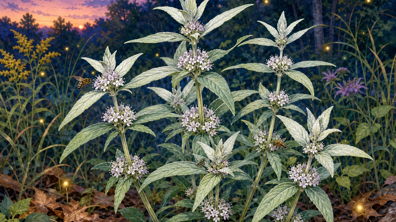 Virginia mountain mint in a sunny Central Virginia pollinator border for native bees and lightning bug habitat