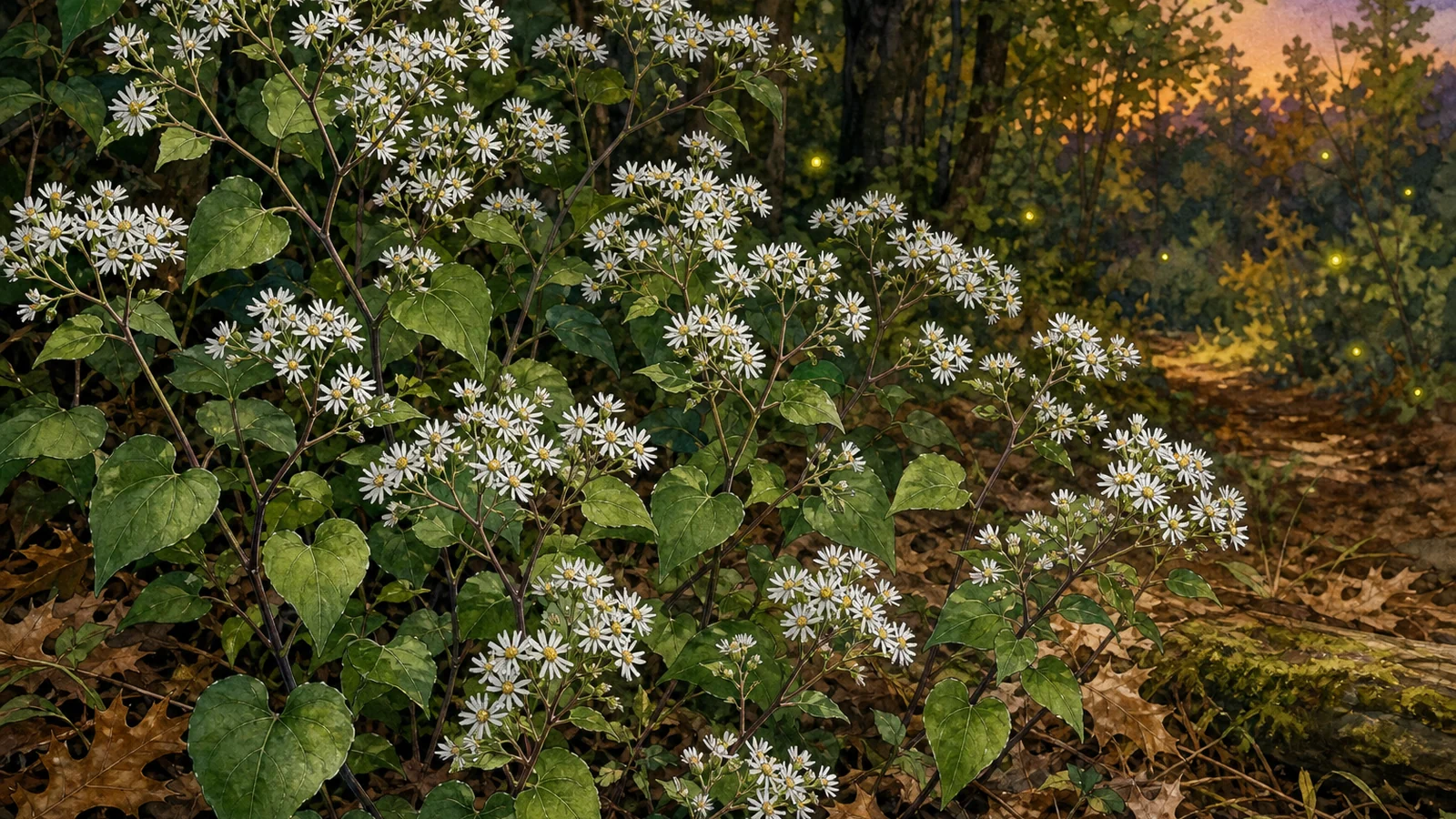 White wood aster blooming in a Central Virginia dry shade woodland edge for pollinators and firefly habitat