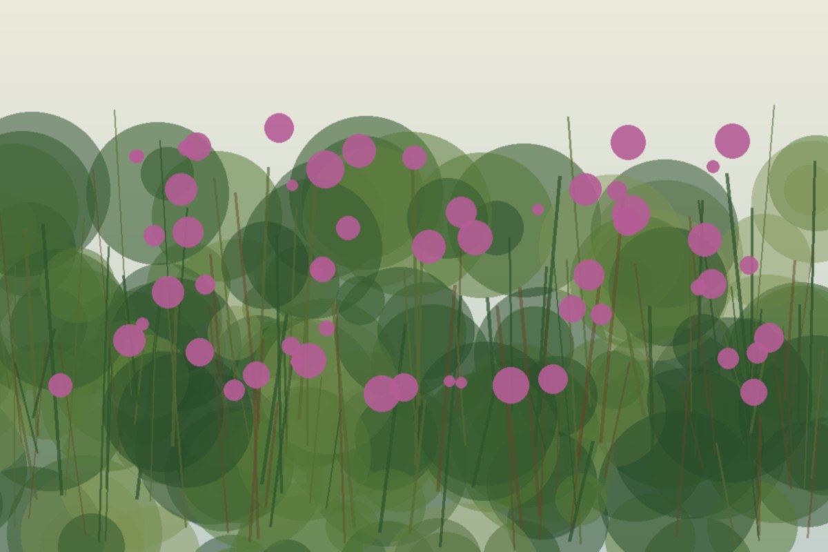 Painterly field illustration of Wild bergamot in a Central Virginia native habitat planting