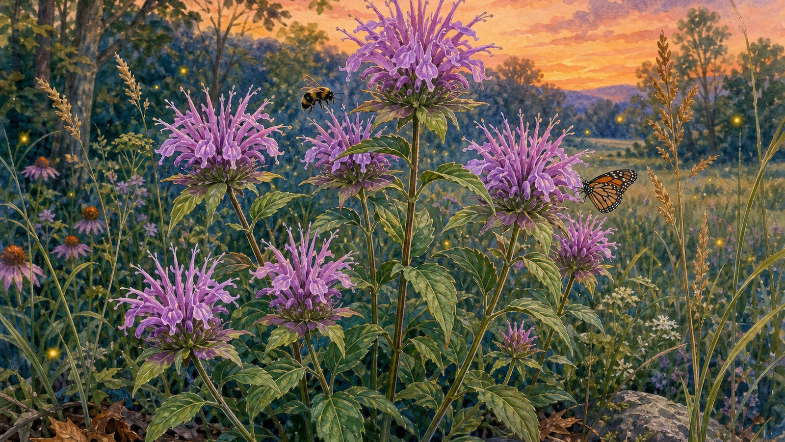 Wild bergamot flowers in a Central Virginia native meadow edge that supports pollinators and firefly habitat