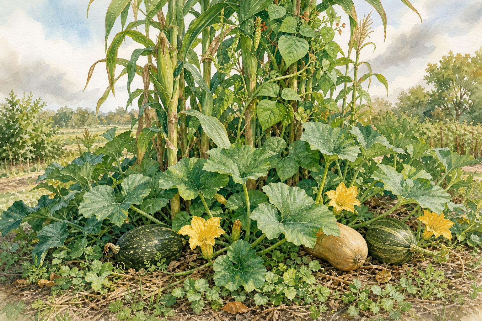 Watercolor field illustration of winter squash vines under corn and pole beans in a Three Sisters garden